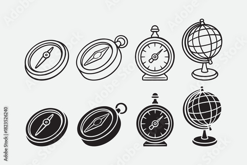 Direction compass, Magnetic compass, Pelorus, Globe world model outline icon set. Navigation and mapping instruments silhouette symbol element bundle. Adventure, outdoor, travel and exploration