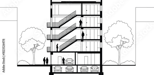 Architectural cross section vector illustration of multi-story building with underground parking, stairs, people silhouettes and trees, black and white design