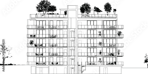 Architectural elevation drawing of modern multi-story apartment building with rooftop garden, black and white blueprint sketch, residential vector illustration