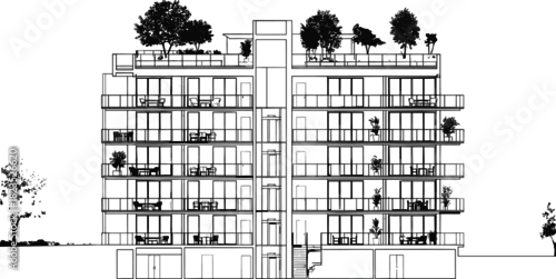 Fototapeta Architectural elevation drawing of modern multi-story apartment building with rooftop garden, black and white blueprint sketch, residential vector illustration