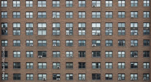 Facade of a brick apartment building with a repeating pattern of numerous windows, showcasing a dense urban residential structure with a uniform and organized exterior