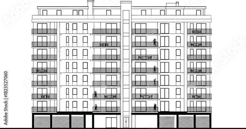 Architectural front elevation vector illustration of modern multi-story apartment building, residential housing facade line art drawing