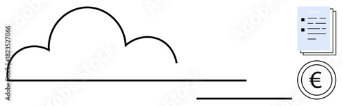 Cloud outline with aligned document and currency coin. Ideal for data storage, document sharing, finance, digital economy, technology, communication, business. Simple flat metaphor