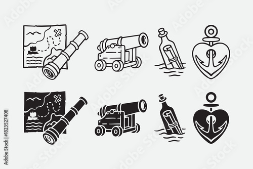 Treasure map, Telescope, Ship cannon, Message bottle, Anchor with heart outline icon set. Pirate and seafaring exploration item silhouette symbol element bundle. Adventure, nautical, marine, coastal