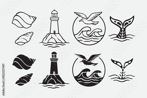 Seashell, Lighthouse, Seagull, Wave and Whale tail bone outline icon set. Seaside and shoreline themed silhouette symbol element bundle. Adventure, outdoor, nautical, marine, travel and coastal