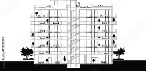 Architectural section drawing of apartment building, modern residential complex with balconies, technical blueprint design, urban housing concept, vector illustration