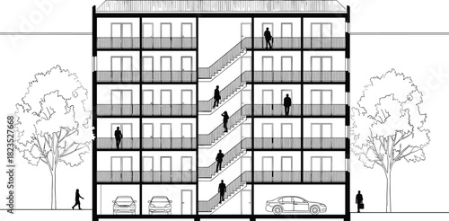 Architectural section drawing of apartment building, residential complex with garage, central staircase plan, technical vector illustration, urban housing design