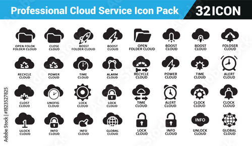 Professional cloud service icon pack including folder rocket lightning recycle time bell gear lock global symbols