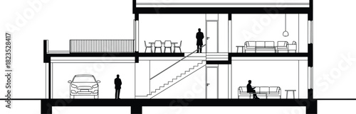 Architectural section drawing, modern residential house blueprint, cross section view with car, interior layout design, technical vector illustration