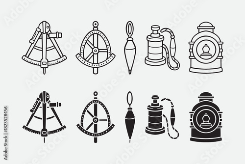 Sextant, Ship wheel, Plump bob, Deck pump, Lantern outline icon set. Seafaring and nautical navigation equipment silhouette symbol element pack. Adventure, outdoor, coastal, maritime, journey