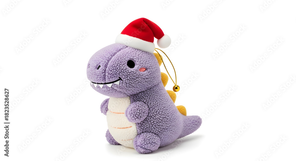 Fototapeta premium Festive Purple Dinosaur Plush Toy Wearing a Santa Hat on White Background