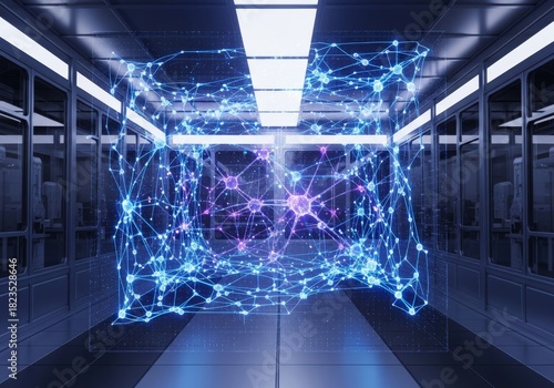 Fototapeta Naklejka Na Ścianę i Meble -  Empty modern interior of a business office building hall or futuristic space station corridor with light