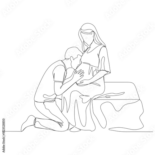 A continuous one-line illustration of a loving partner kneeling and kissing a pregnant woman's baby bump