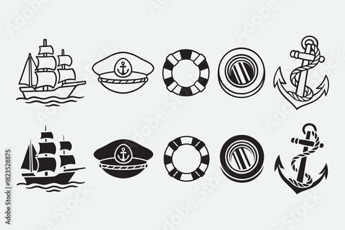 Sailing ship, Captain hat, Lifebuoy, Porthole, Anchor with rope outline icon set. Sailor, Voyage, Seafaring gear equipment silhouette symbol element pack. Adventure, outdoor, coastal, marine, journey