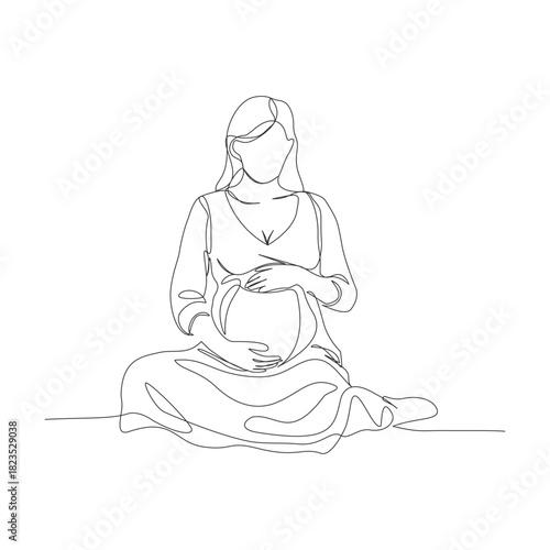 A continuous one-line illustration of a pregnant woman sitting down and gently holding her baby bump.