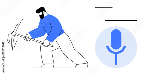 Man using pickaxe to mine, paired with a microphone graphic representing voice input. Ideal for technology, data mining, communication, voice recognition, innovation, creativity, digital tools