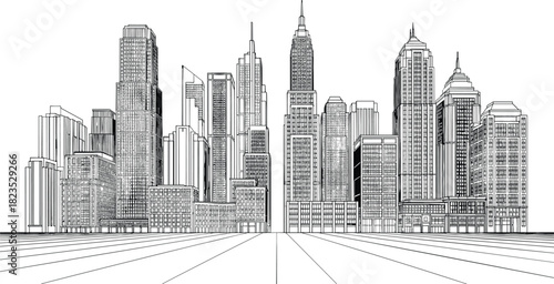Architectural vector drawing of modern city skyline, detailed black and white skyscrapers with perspective lines, urban business district illustration