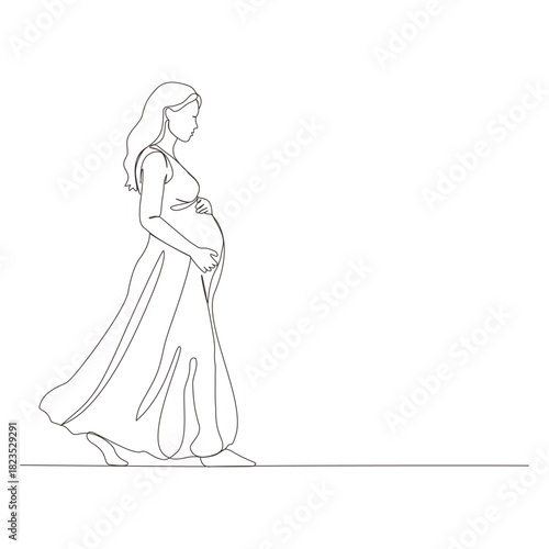 A continuous one-line illustration of a pregnant woman walking, holding her belly