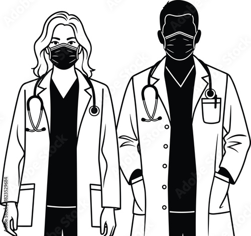 Black and white vector illustration of male and female medical doctors, wearing face masks and stethoscopes, healthcare and hospital staff team