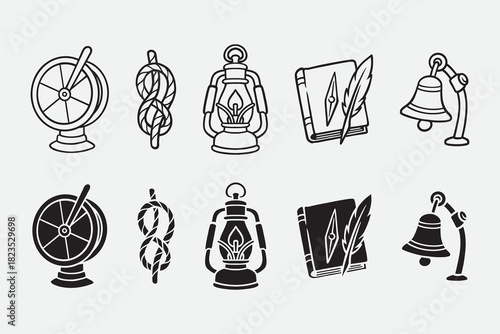 Ship wheel, Rope knot, Oil lantern, Journal book with feather pen, Ship bell outline icon set. Sailor and seafaring exploration gear silhouette symbol element pack. Adventure, nautical, marine, coast