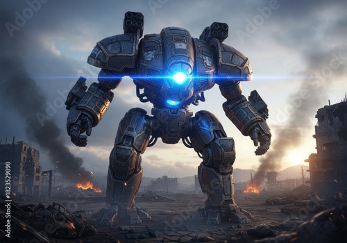 Heavy mech titan with massive armor plates and blue energy core