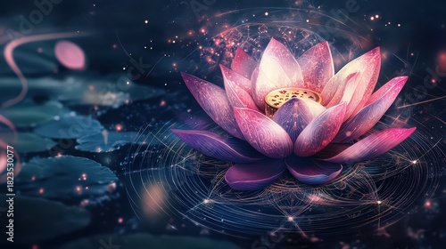Ethereal Pink Lotus Flower Floating on Water with Lily Pads, Glowing Particles, and Geometric Patterns, Symbolizing Spirituality and Enlightenment.