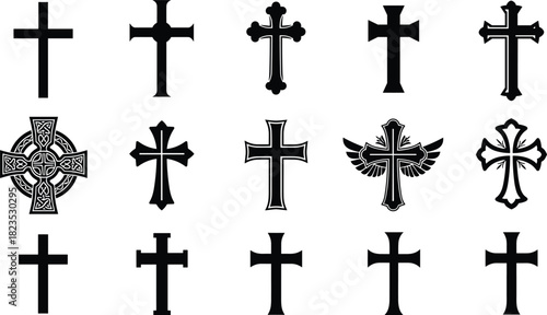 Christian cross silhouette vector set, religious crucifix symbols collection, holy catholic church signs, celtic and winged design icons, isolated black shapes