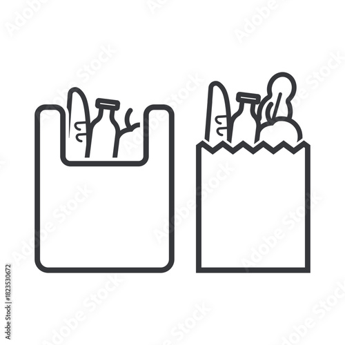 Isolated bundle outline icon set of plastic and paper shopping bags filled with groceries, representing retail items, market purchases, and consumer goods.
