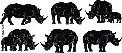 Black Rhinoceros Vector Set: Detailed Illustrations of Adult Rhinos and Mother with Calf, Highlighting the Endangered African Mammal for Wildlife Conservation Graphics