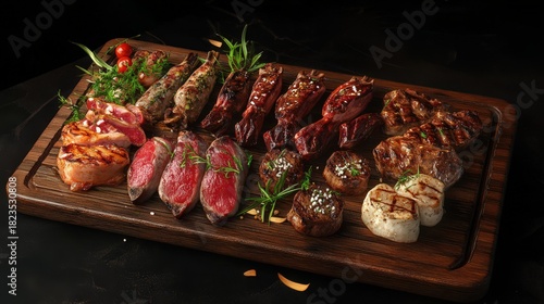 Gourmet Meat Platter: Assorted Grilled Steaks, Sausages, and Filet Mignon on a Rustic Wooden Board for Upscale Dining and Culinary Presentation