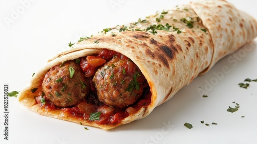 Delicious Meatball Wrap with Tomato Sauce and Parsley Garnish on a White Background, Perfect for a Quick and Tasty Meal