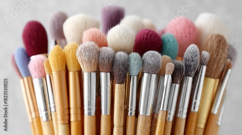Assorted Professional Makeup Brushes with Wooden Handles and Colorful Bristles, Beauty Tools for Applying Cosmetics, Close-up Studio Shot on Neutral Background