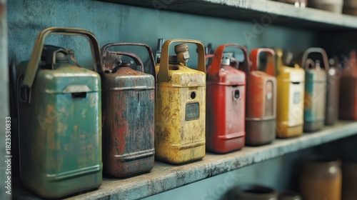 Row of Colorful, Weathered Metal Jerry Cans on Shelf, Vintage Fuel Containers, Industrial Storage, Rustic Decor, Automotive Supplies, Garage Organization