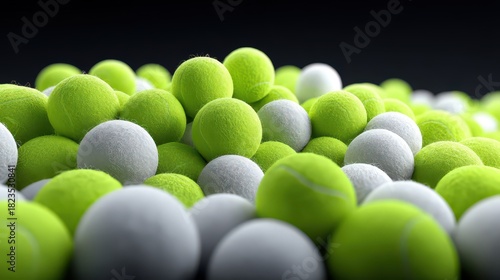 Pile of Green and White Tennis Balls on a Black Background, Close-up Shot, Sports Equipment, Competitive Game, Recreational Activity, Studio Shot