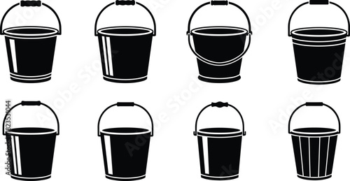 Collection of black bucket silhouettes, water pail icons, household cleaning tools, gardening equipment symbols, vector illustration set, isolated shapes