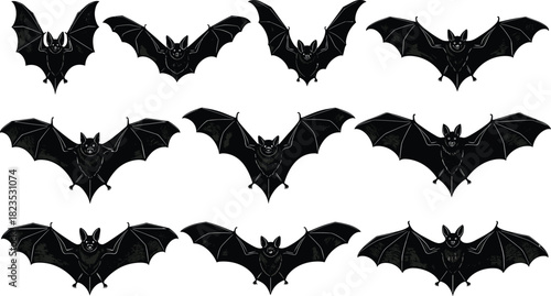 Collection of black bat silhouettes flying with spread wings, Halloween symbol set, vector illustration isolated on white background