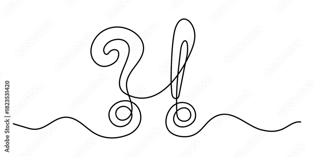 Fototapeta premium Question and exclamation marks one line art, hand drawn asking and admiration signs, continuous contour. Query FAQ concept, finding the answer. Editable stroke. Isolated. Vector illustration