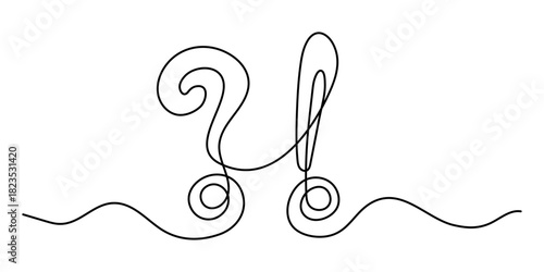 Question and exclamation marks one line art, hand drawn asking and admiration signs, continuous contour. Query FAQ concept, finding the answer. Editable stroke. Isolated. Vector illustration