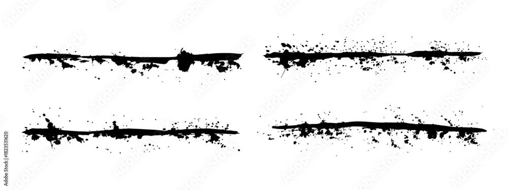 Naklejka premium Grunge ink dividers set, blot with streaks, splashes, spots, dots, streaks. Abstract separators, splatters of paint, watercolor stain. Hand-drawn gouache paint strip, art element for design. Isolated.