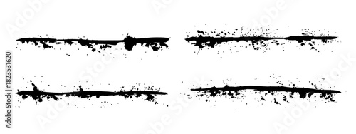 Grunge ink dividers set, blot with streaks, splashes, spots, dots, streaks. Abstract separators, splatters of paint, watercolor stain. Hand-drawn gouache paint strip, art element for design. Isolated.