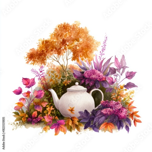 A fine watercolor illustration shows a teapot surrounded by autumn leaves, plants, and flowers. It evokes cozy seasonal warmth and the beauty of nature’s colors.