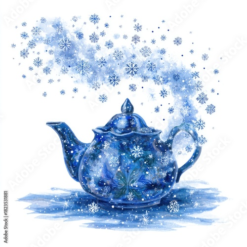 A fine watercolor illustration shows a teapot surrounded by delicate fall snowflakes. It evokes a peaceful seasonal transition and gentle wonder.