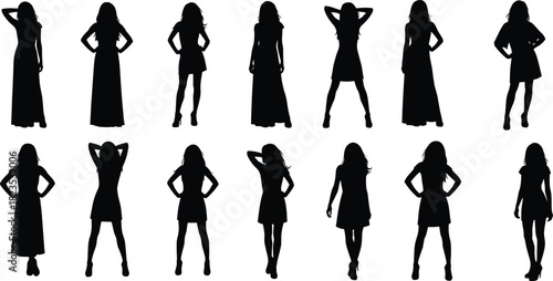 Collection of Fashionable Woman Silhouettes in Dresses Standing in Various Poses Isolated on White Background, Vector Illustration Set