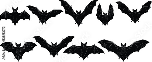 Collection of flying bat silhouettes, black halloween icons, scary vampire symbols, night animal vector set, isolated shapes