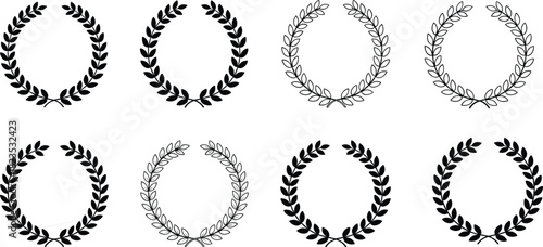 Collection of laurel wreath icons, circular foliate frames, award winner symbols, black and white vector set, heraldic design elements