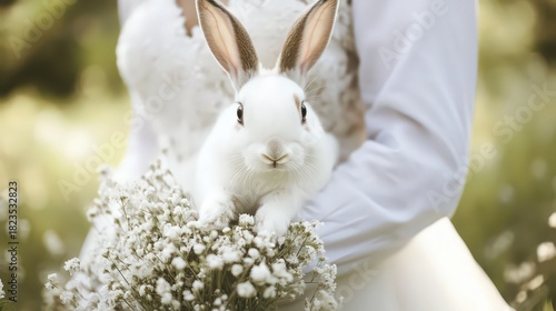 Adorable White Rabbit Portrait Held by Person in White Dress with Delicate White Flowers in a Dreamy Outdoor Setting