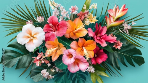 bouquet of tropical flowers and palm leaves 