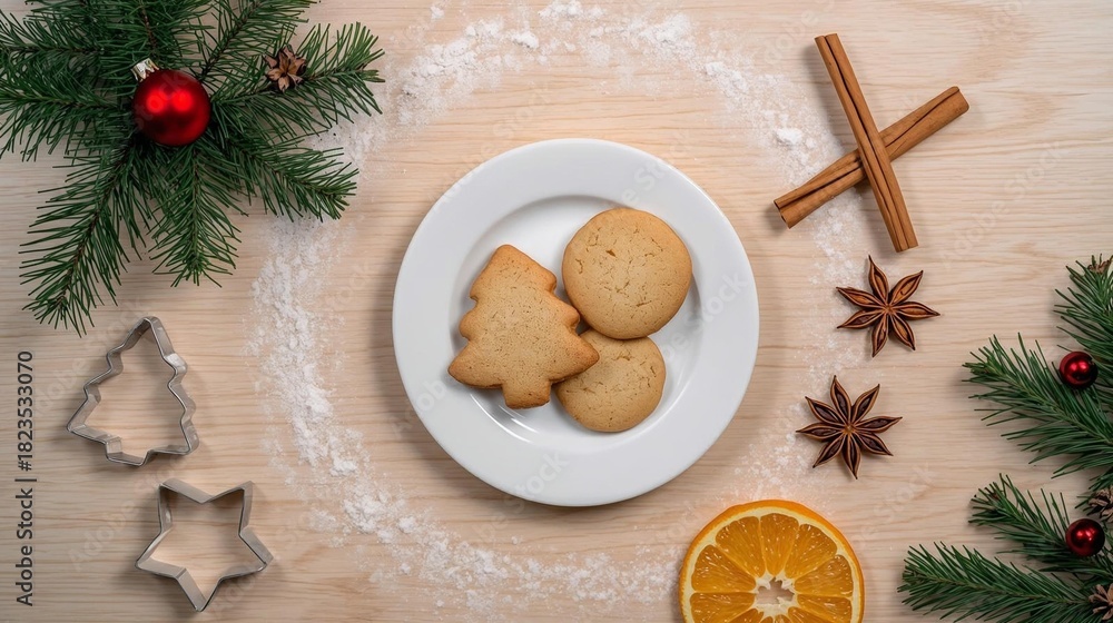 Fototapeta premium Festive Christmas Cookie Flat Lay on Warm Wood Tabletop 