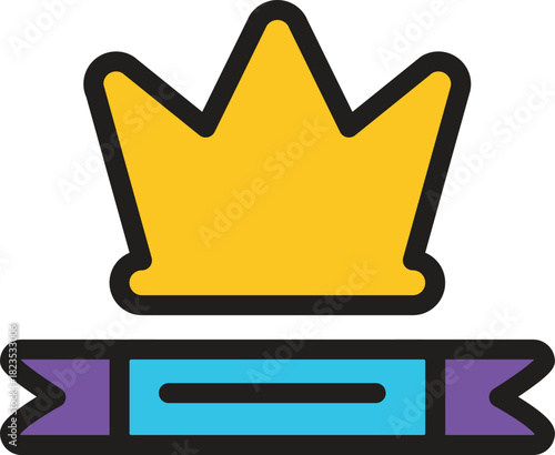 Vibrant flat design icon featuring a golden crown and a sleek ribbon, symbolizing top-tier achievement, premium quality, and distinguished success in competitive arenas or award recognitions