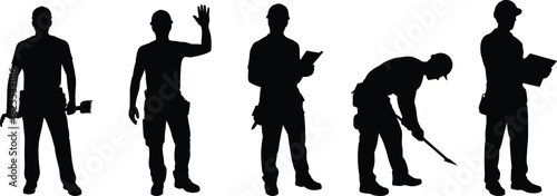Construction worker silhouettes vector set, builders with tools, engineer reading blueprint, industrial labor men, isolated figures on white background